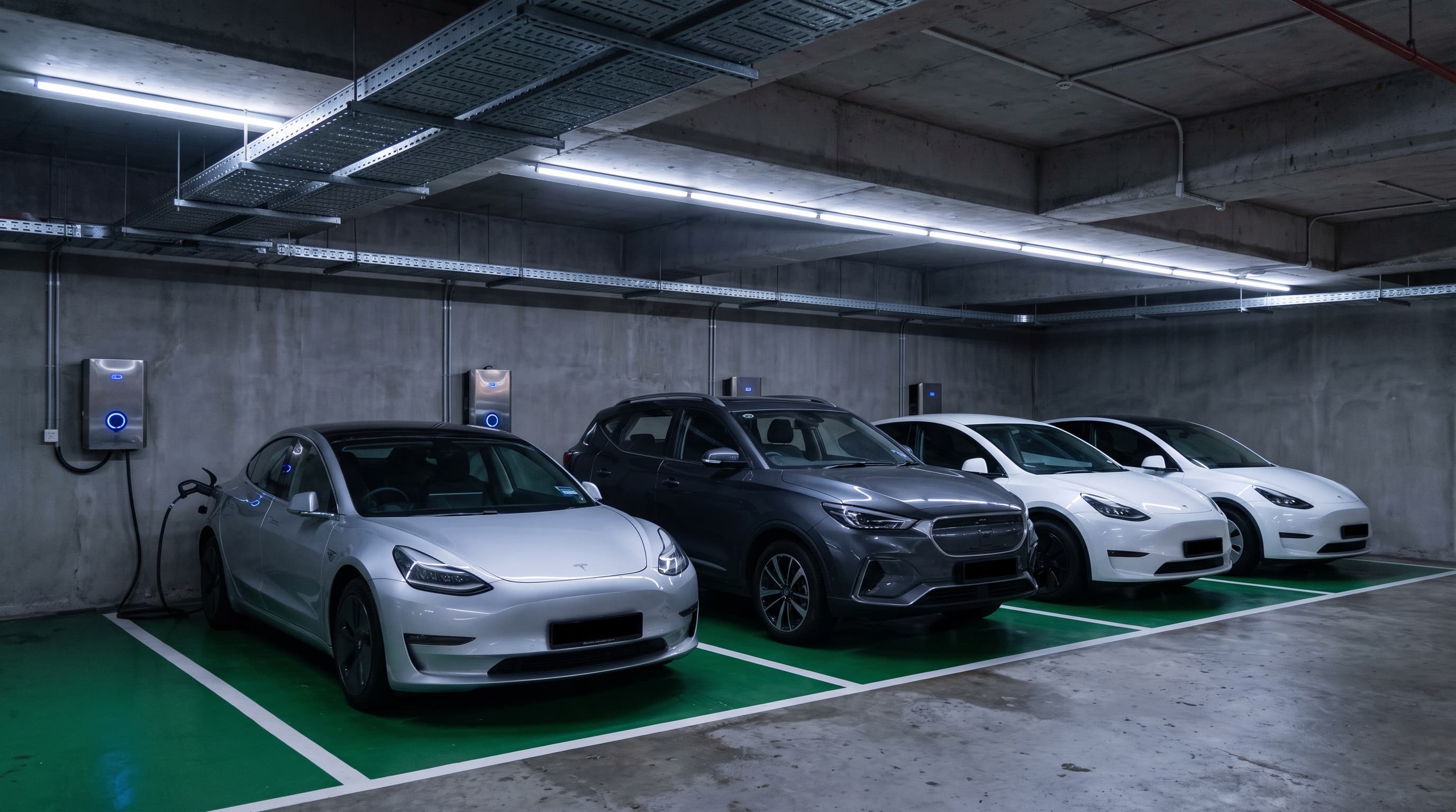 Electric cars plugged into wall-mounted AC chargers in a row of green-painted EV charging bays inside an office building basement carpark, with cable trays running along the concrete ceiling
