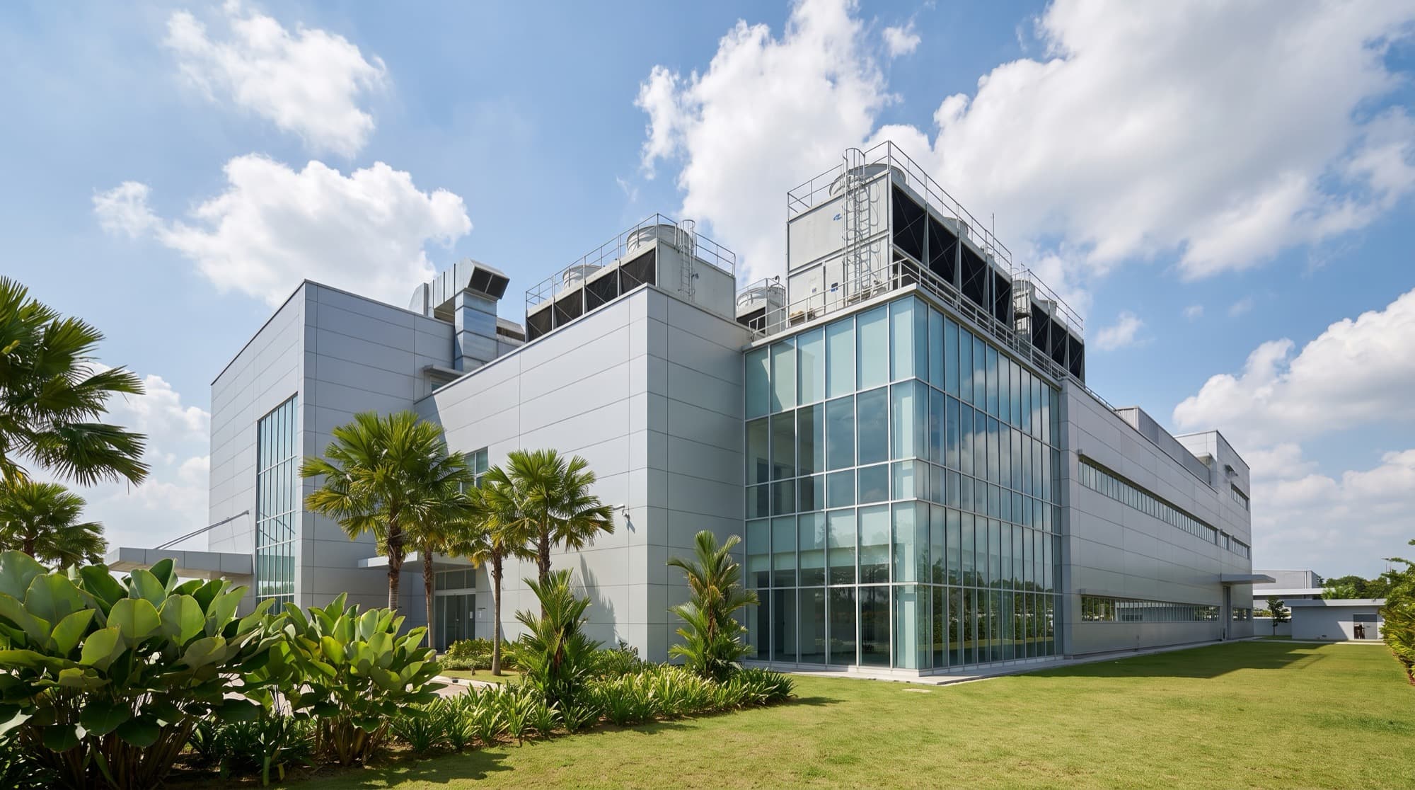Modern glass-and-steel factory building in Malaysia with rooftop cooling towers and ventilation equipment, surrounded by tropical palms and green landscaping under a bright blue sky