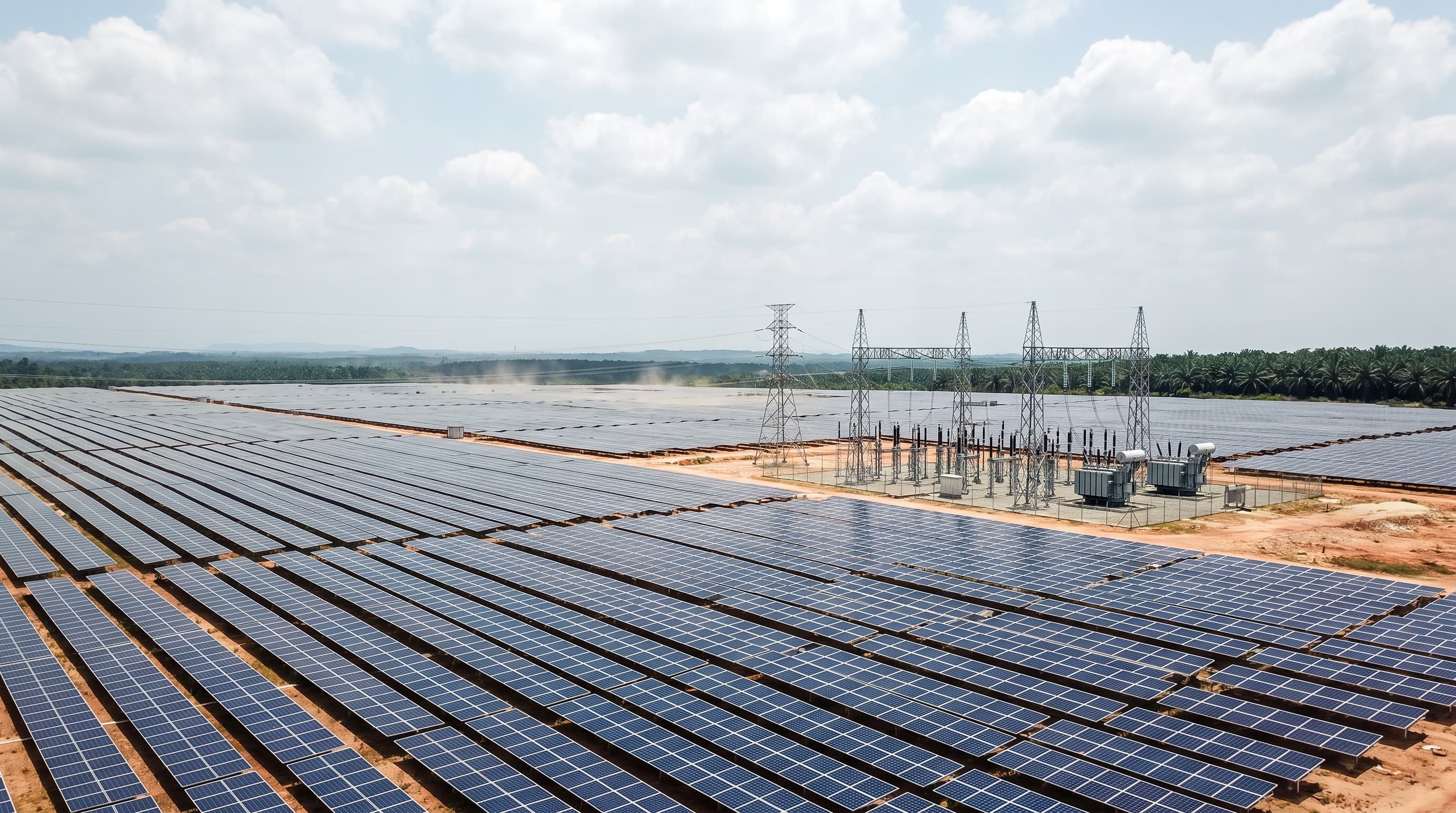 Aerial view of a large solar farm in Malaysia with rows of photovoltaic panels and a high-voltage transmission substation under a bright tropical sky