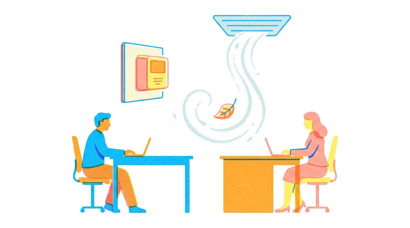 Riso illustration of an office with an air sensor on the wall and fresh air from a ceiling vent