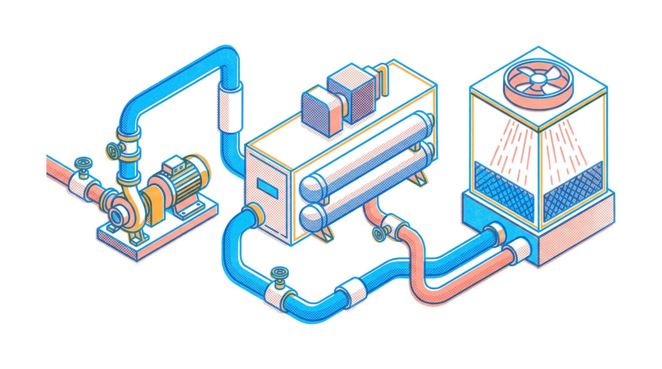 Riso illustration of a chiller, two pumps and a cooling tower connected by pipes