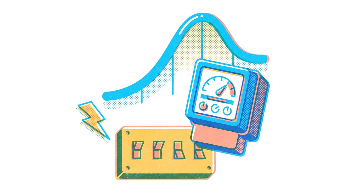 Riso illustration of an electricity meter and switchboard under a demand curve with one peak