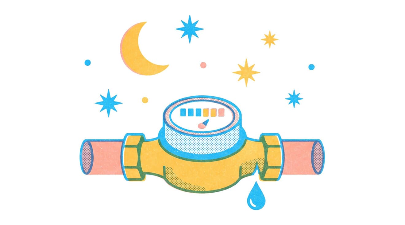 Riso illustration of a water meter with a small leak at night
