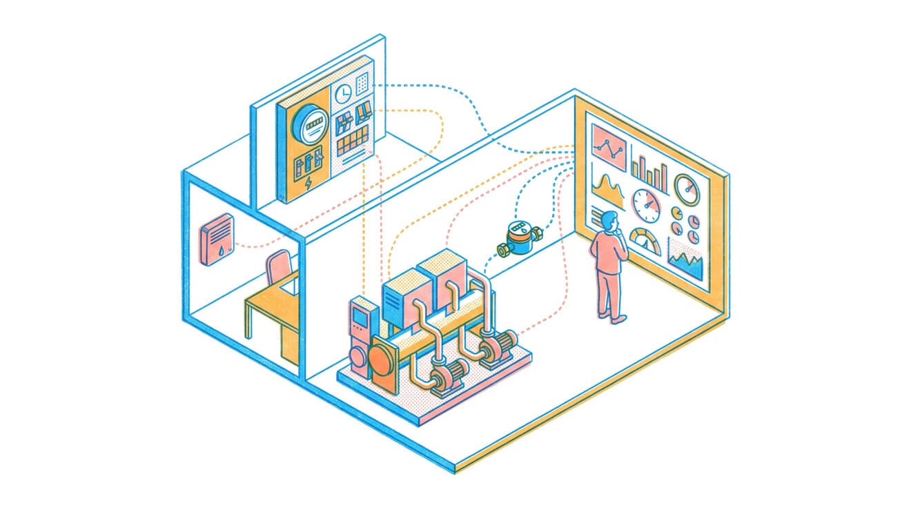 Riso illustration of a building cutaway where a switchboard, an office air sensor, a water meter and a chiller plant feed one dashboard read by a facility manager
