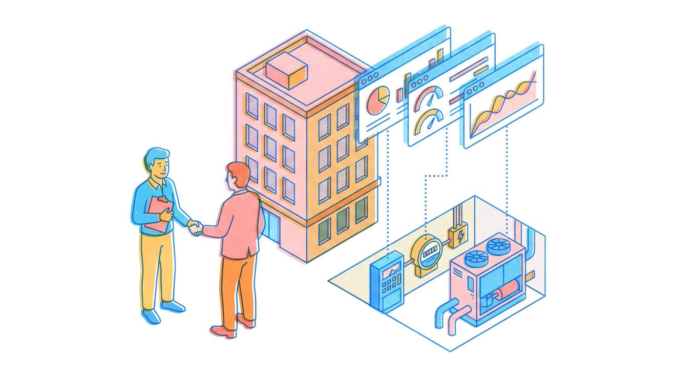 Riso illustration of a consultant shaking hands with a building owner, with a layer of dashboards above the building linked to its control panel, meter and chiller