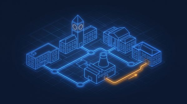 Isometric university campus with clocktower and buildings linked to a central plant, one amber energy line, navy blueprint style