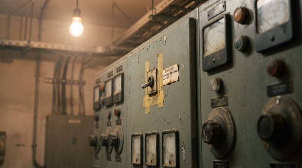 Aged grey-green industrial control panel in a dim plant room, its manual override toggle switch covered with yellowed tape and a faded handwritten paper label, surrounded by dusty analog gauges under a bare tungsten bulb