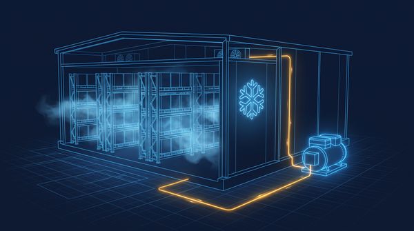 Cutaway cold storage warehouse with frost mist, snowflake emblem and amber compressor power line, navy blueprint style