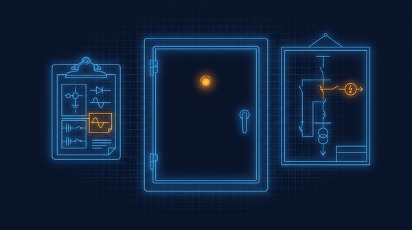 Illustration of a starter panel with a tripped indicator, a fault record and a single line diagram