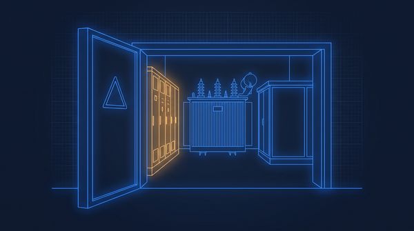 Substation room seen through an open door: ring main unit glowing amber, transformer and metering cubicle in a row
