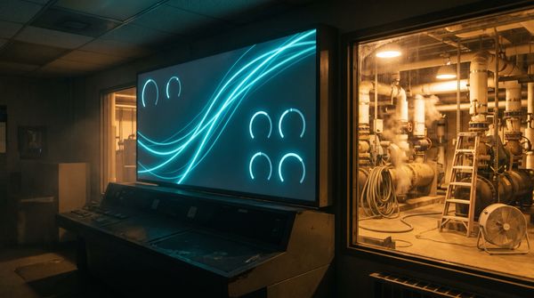 Glowing KPI dashboard with smooth upward-trending energy curves in a dark control room, while the chiller plant floor visible through the window shows steam, coiled hoses and a ladder against the pipework