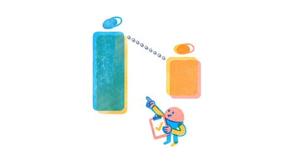 Riso illustration of a tall before bar and a shorter after bar with a character pointing at the saving