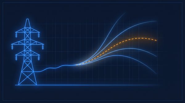 Transmission pylon anchoring a forecast chart fanning into future paths with an amber dashed projection, navy blueprint style
