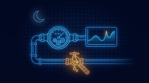 Illustration of a water meter with a night flow graph and a leaking valve being repaired
