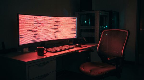 Empty operator chair in a dark building control room facing an ultrawide monitor filled with hundreds of glowing red alarm rows, red light spilling across the desk