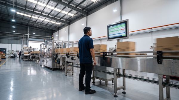 Operator in a navy polo checks a line-side production monitoring screen beside a stainless-steel packaging conveyor with cartons moving in motion blur inside a bright Malaysian factory