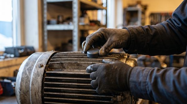 Technician in dark work gloves placing a wireless vibration sensor puck on the finned housing of a large industrial electric motor in a workshop