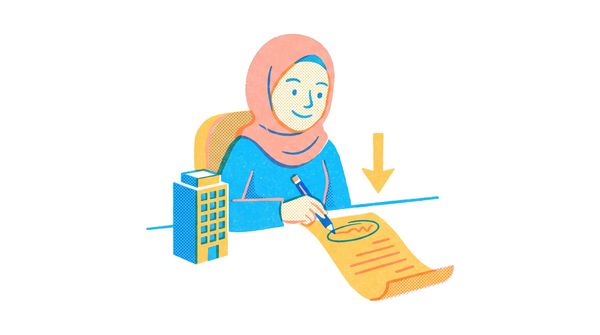 Riso illustration of a facility executive circling a line on an electricity bill beside a model office tower