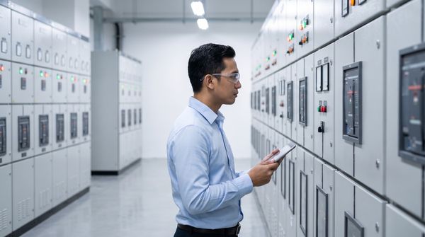 Electrical engineer in safety glasses reviewing readings on a tablet beside a row of medium-voltage switchgear panels in a bright plant room