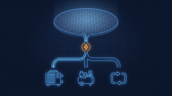 Silicon wafer above a branching utility metering hierarchy with chiller, compressor and water loop icons