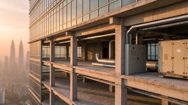 Kuala Lumpur office tower mid-retrofit at golden hour, with stripped concrete floors exposing new cable trays, spiral ducting and a modern control panel next to an ageing 1990s air-handling unit, Petronas Towers hazy in the background
