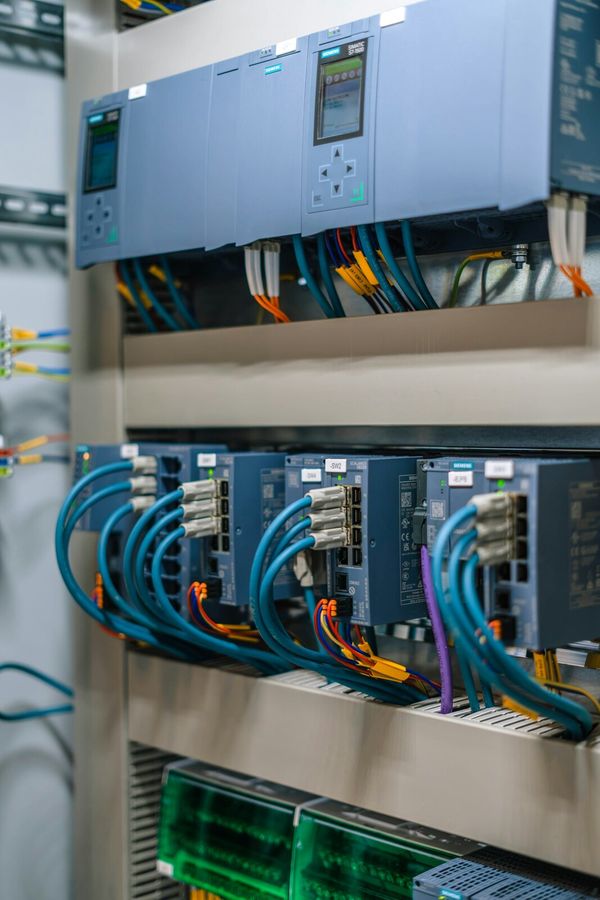 PLC and controller modules with networked cabling in a control cabinet