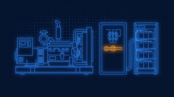 Illustration of a standby generator, a transfer switch cabinet and UPS batteries